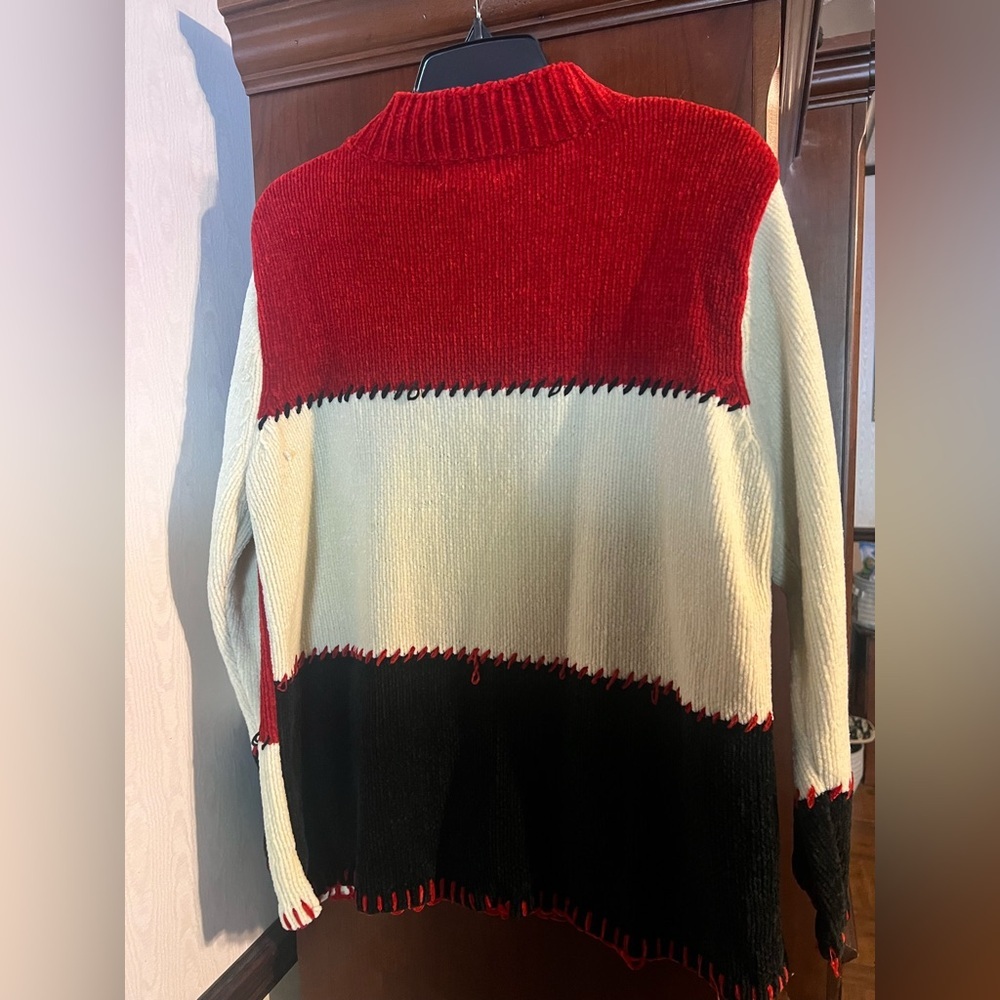 Studio Works Red, Black, and Cream Patchwork Sweater - Picture 3 of 3